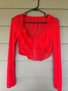 Red Lace Mesh Long Sleeve Crop Top